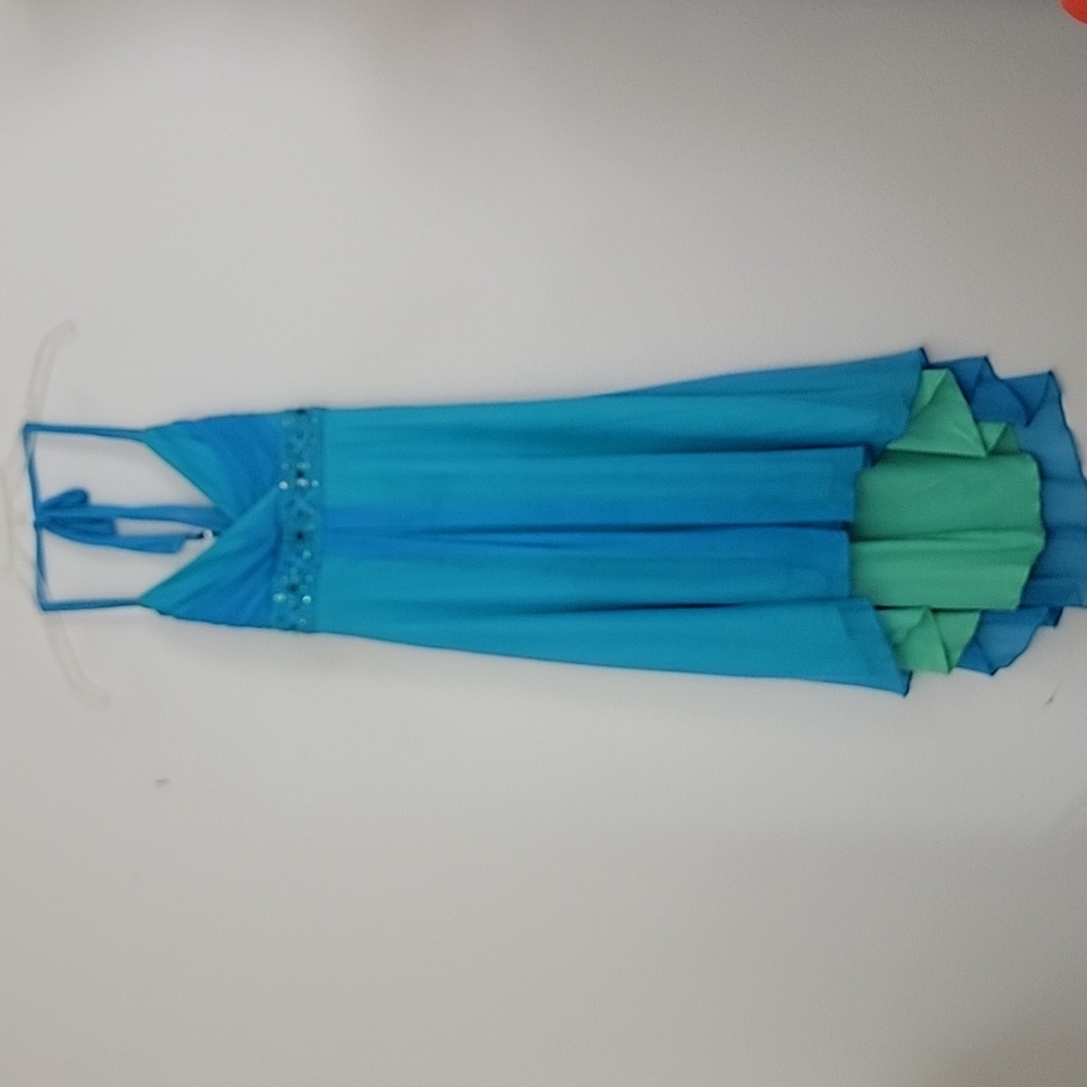 Jodi Kristopher Blue Embroidered Sequined Halter Special Occasion Hi Low Dress M